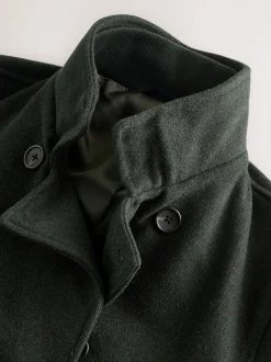 Green Wool Rich Double Breasted Funnel Coat