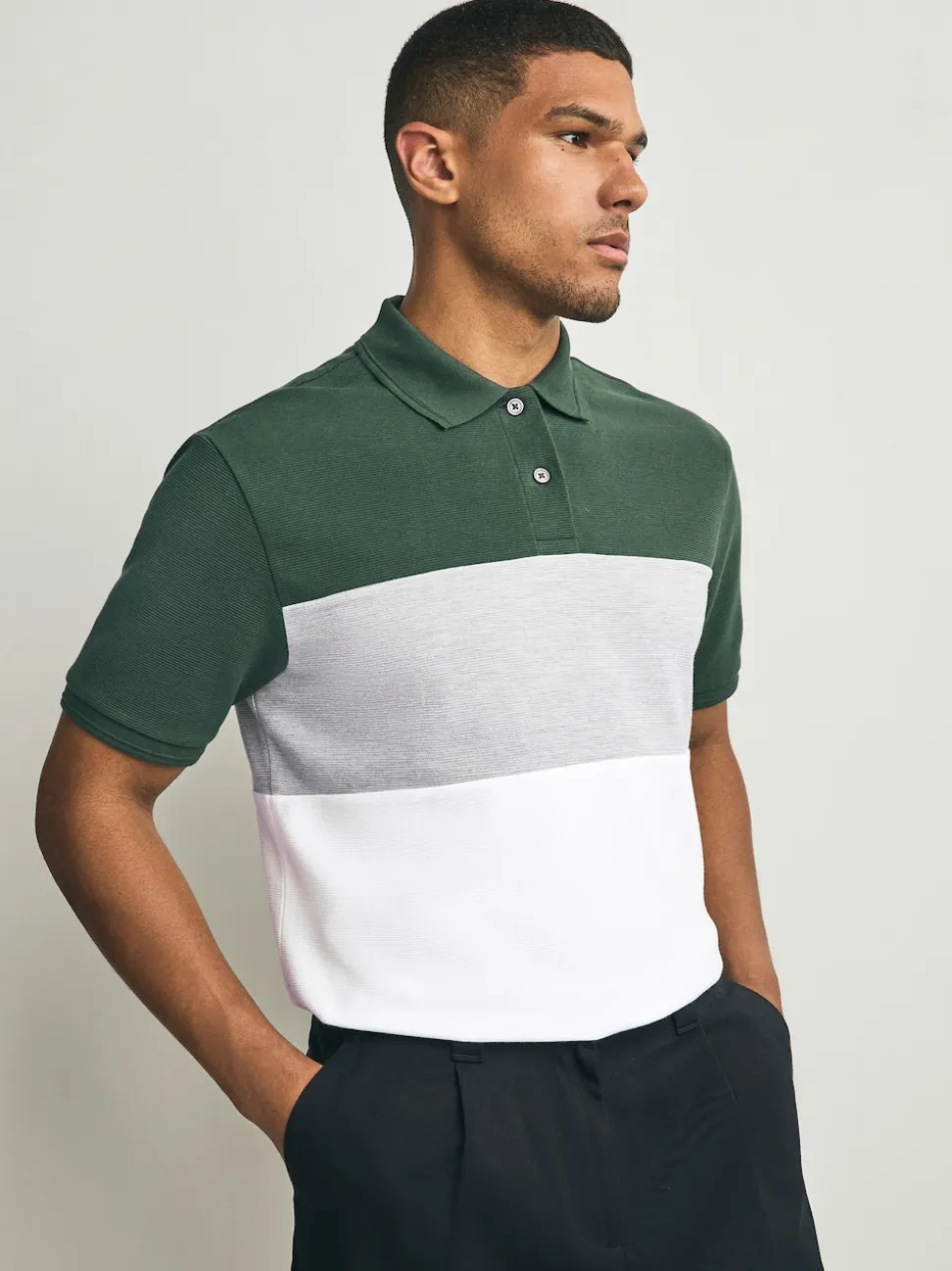 Green/Grey 100% Cotton Short Sleeve Button Up Block Polo Shirt
