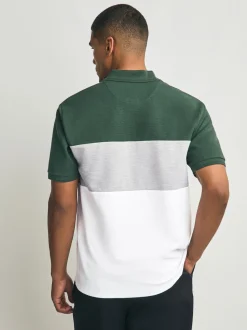 Green/Grey 100% Cotton Short Sleeve Button Up Block Polo Shirt