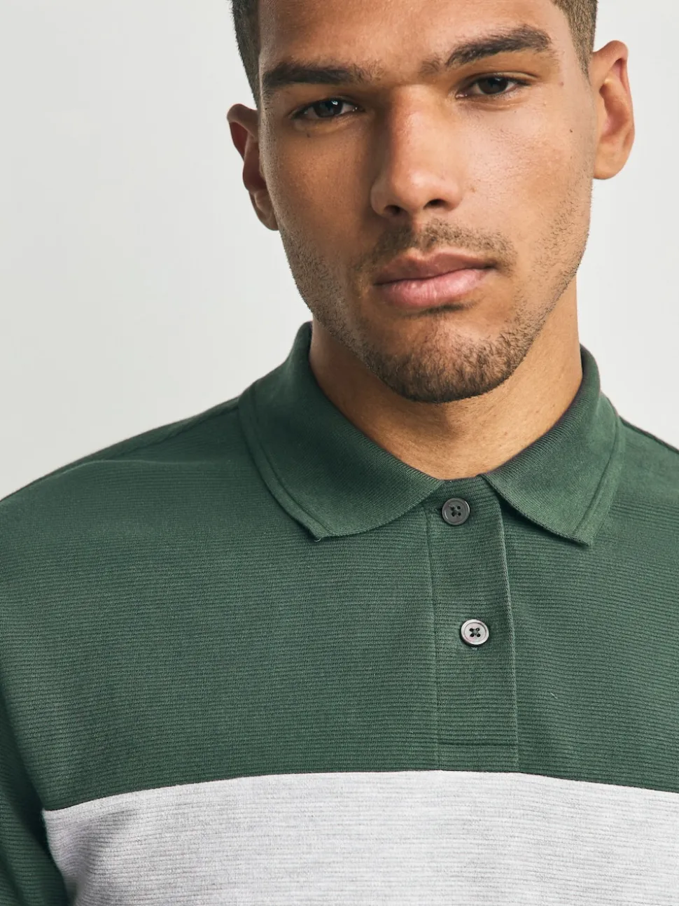 Green/Grey 100% Cotton Short Sleeve Button Up Block Polo Shirt