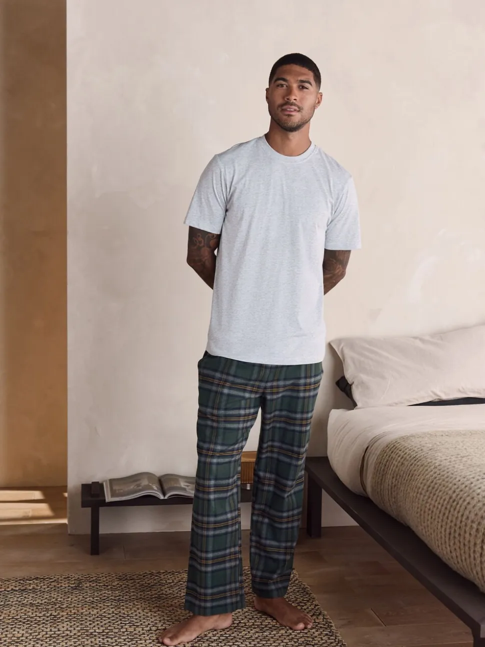 Green/Grey Marl Check Woven Short Sleeve Pyjamas Set