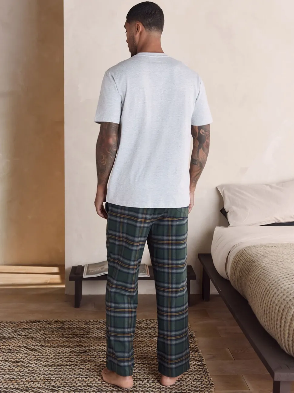 Green/Grey Marl Check Woven Short Sleeve Pyjamas Set