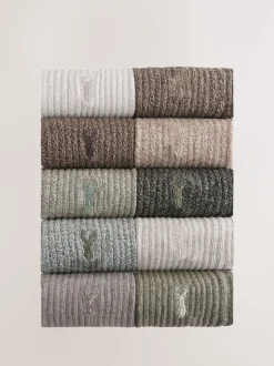 Green/Neutral Stag Embroidered Heavyweight Socks 10 Pack