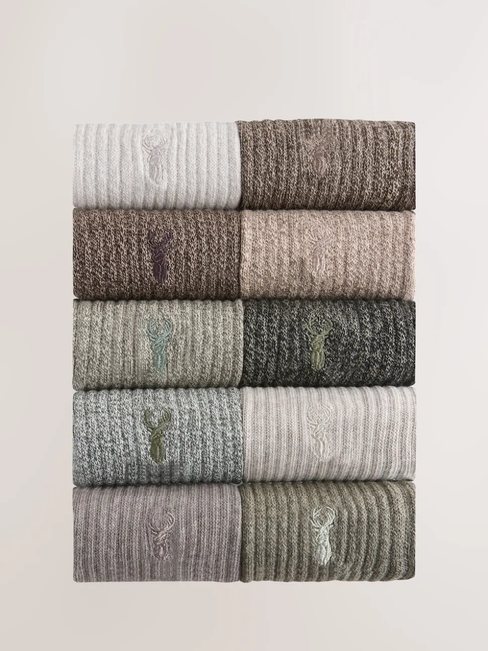 Green/Neutral Stag Embroidered Heavyweight Socks 10 Pack