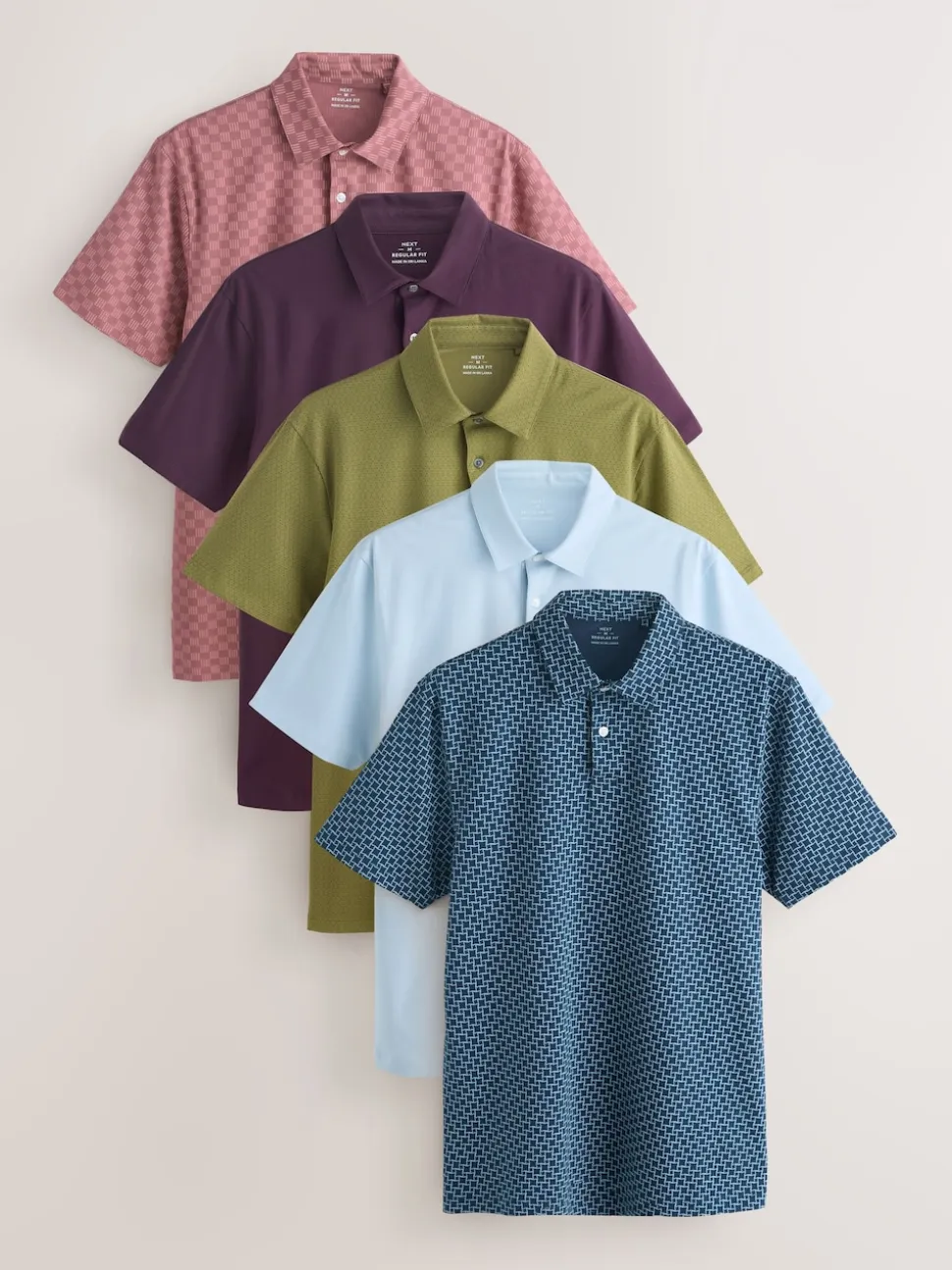 Green/Purple/Blue Geo Regular Fit Short Sleeve Jersey Polo Shirts 5 Pack