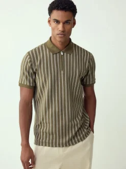 Green/White Vertical Stripe Quarter Zip Polo Shirt