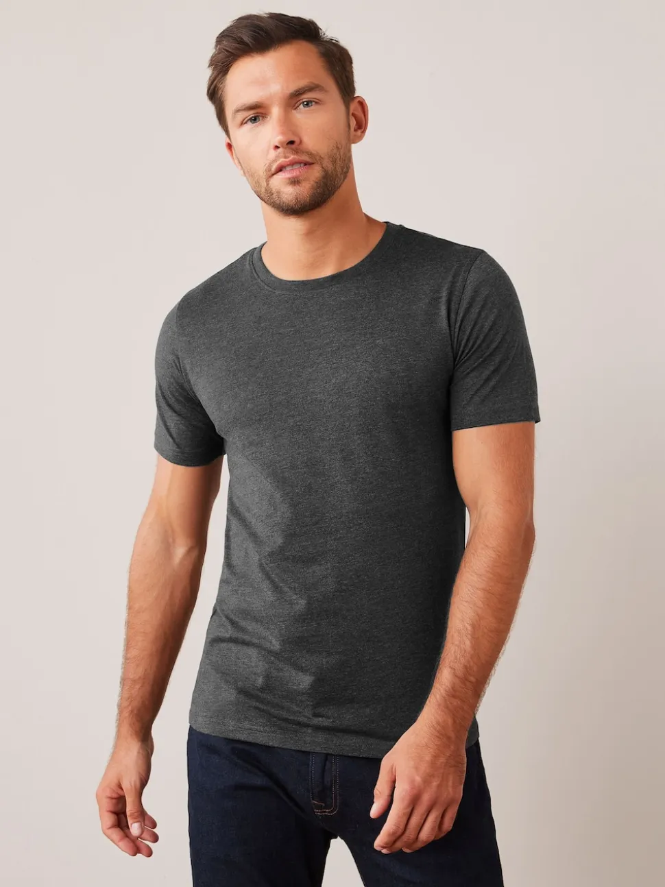 Grey Charcoal Marl Slim Fit Essential Crew Neck Cotton T-Shirt