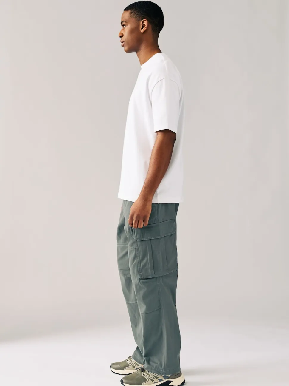 Grey Charcoal Relaxed Fit Cotton Stretch Cargo Trousers