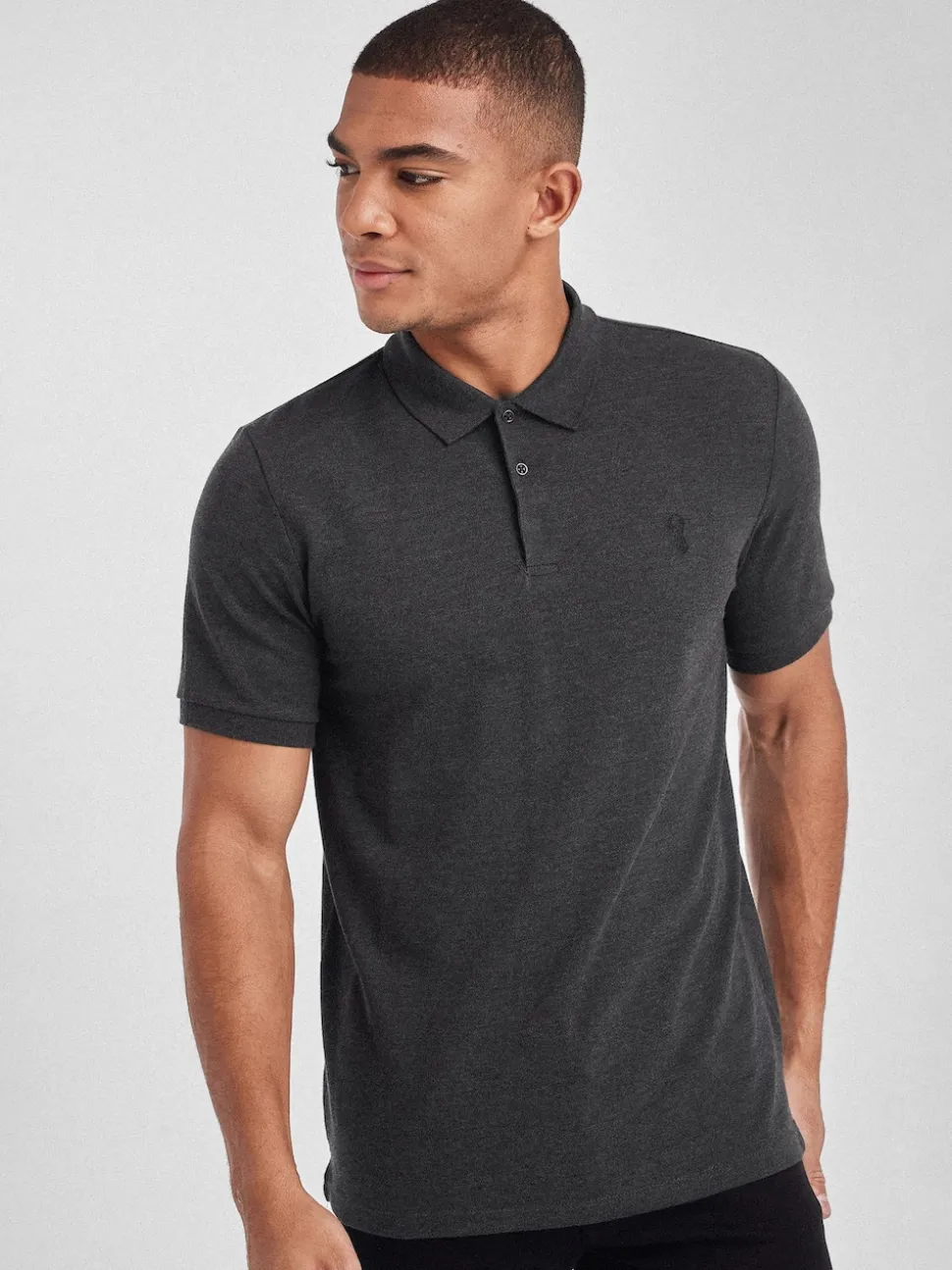 Grey Charcoal Slim Fit Short Sleeve Pique Polo Shirt