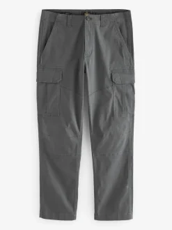 Grey Charcoal Straight Fit Cotton Stretch Cargo Trousers