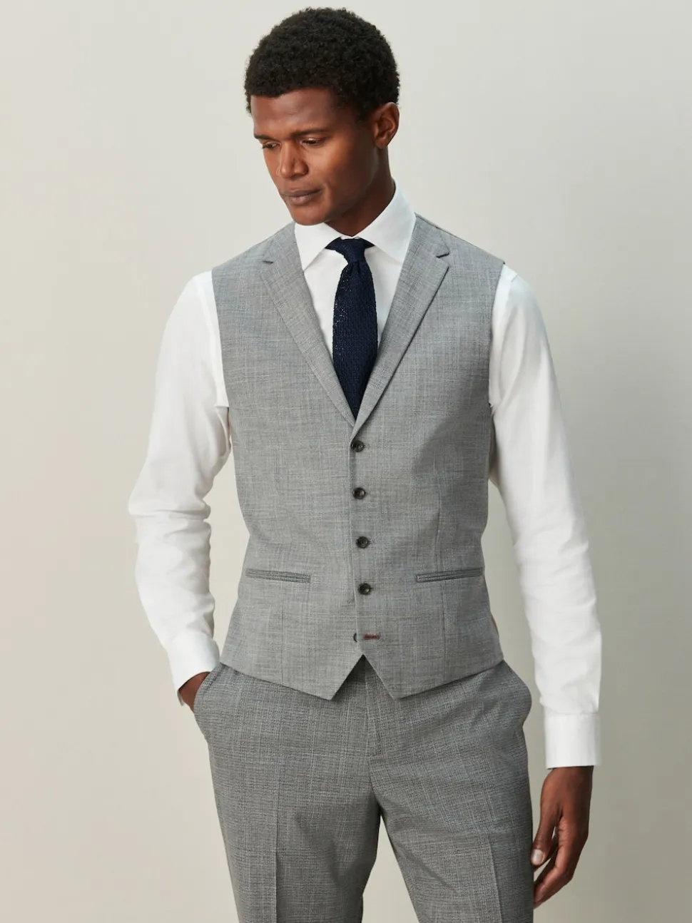 Grey Contrast Fabric Detail Suit Waistcoat