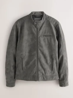 Grey Faux Leather Biker Jacket