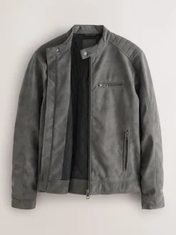 Grey Faux Leather Biker Jacket