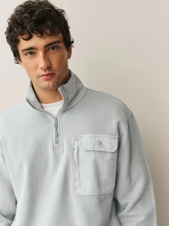 Grey Garment Washed Utility Quarter Zip Sweatshirt