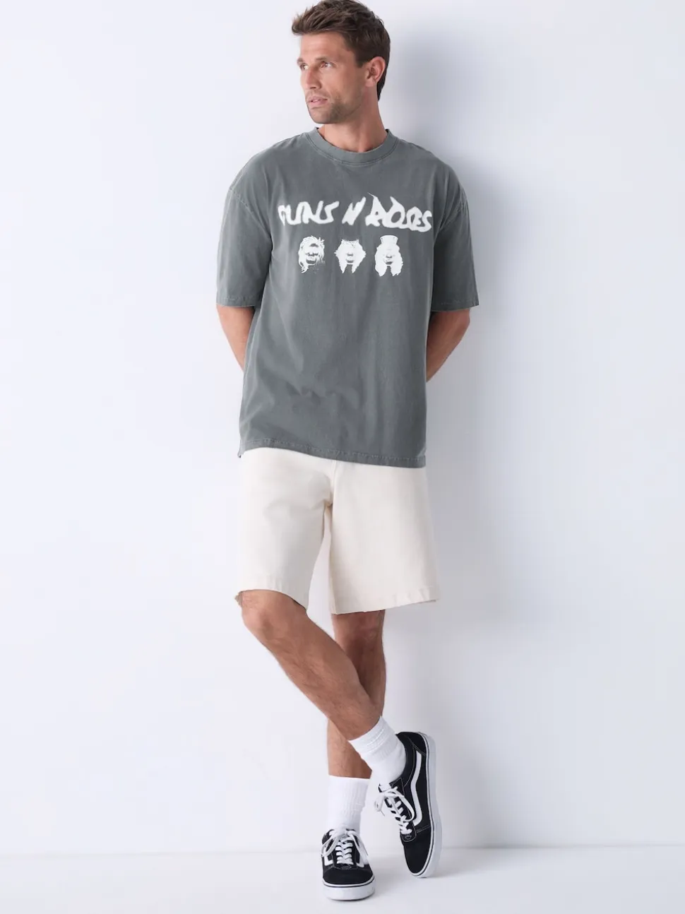 Grey Guns N' Roses Relaxed Fit Band Graphic Print T-Shirt
