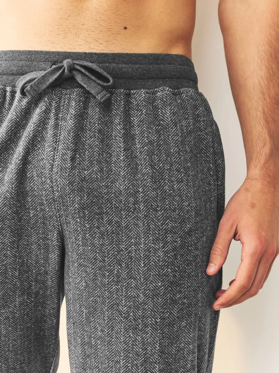 Grey Herringbone Thermal Fleece Cuffed Check Pyjama Bottoms
