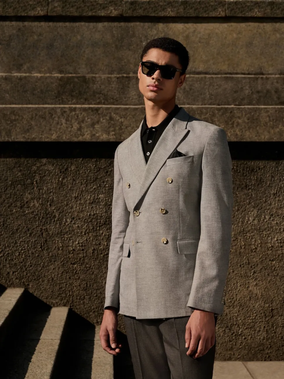 Grey Linen Blend Texture Double Breasted Suit Jacket