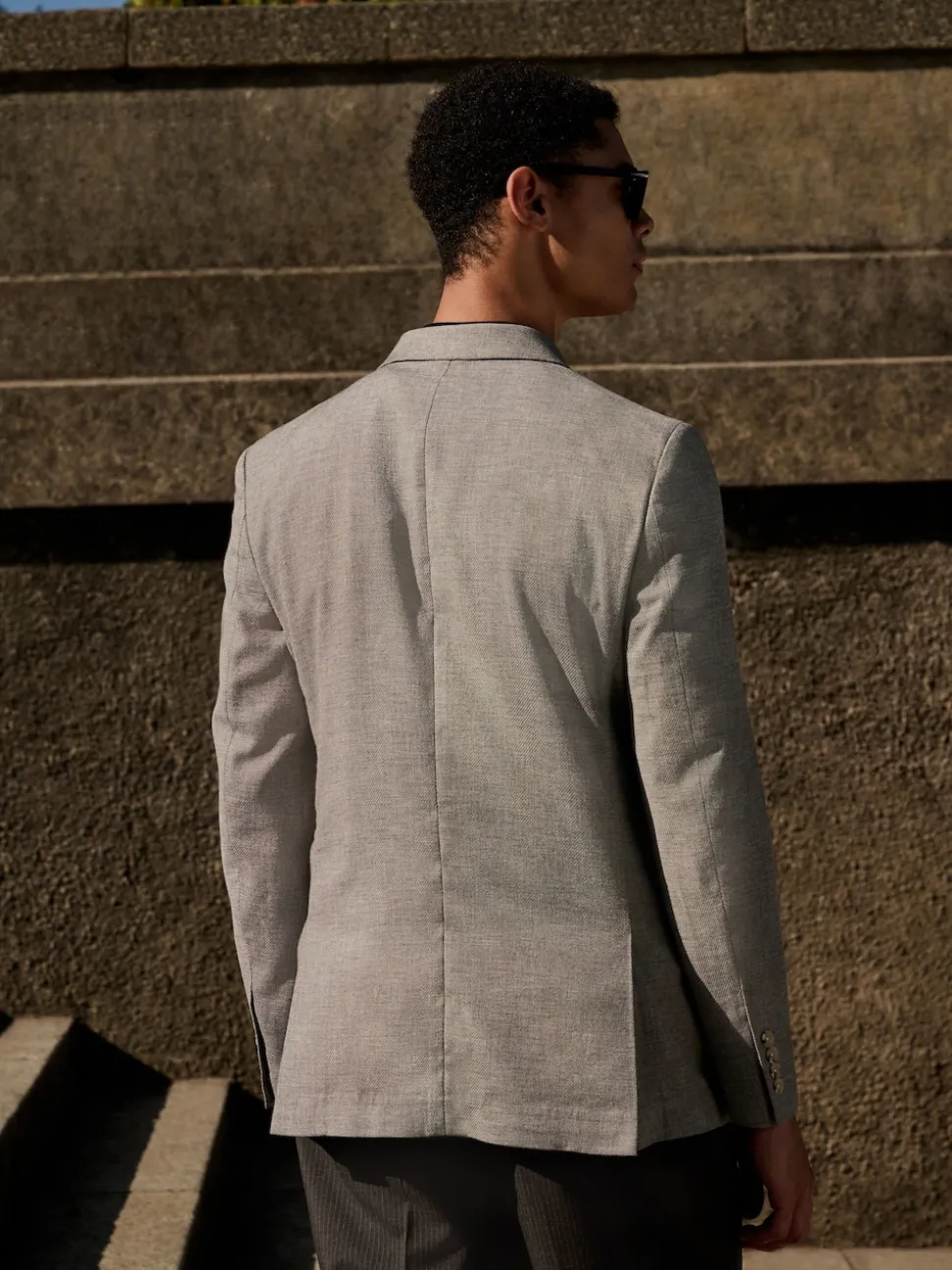 Grey Linen Blend Texture Double Breasted Suit Jacket