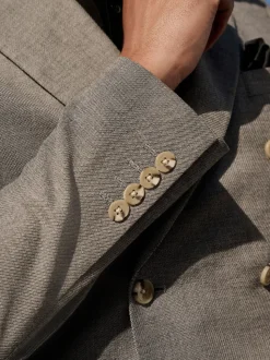 Grey Linen Blend Texture Double Breasted Suit Jacket