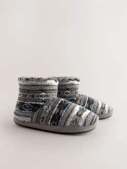Grey Pattern Fleece Boot Slippers