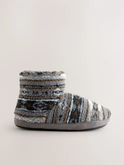 Grey Pattern Fleece Boot Slippers