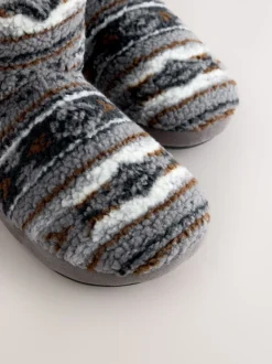 Grey Pattern Fleece Boot Slippers