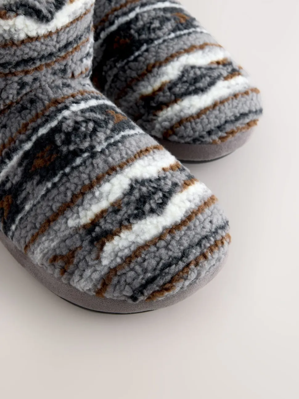 Grey Pattern Fleece Boot Slippers