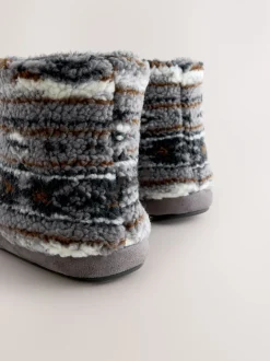 Grey Pattern Fleece Boot Slippers