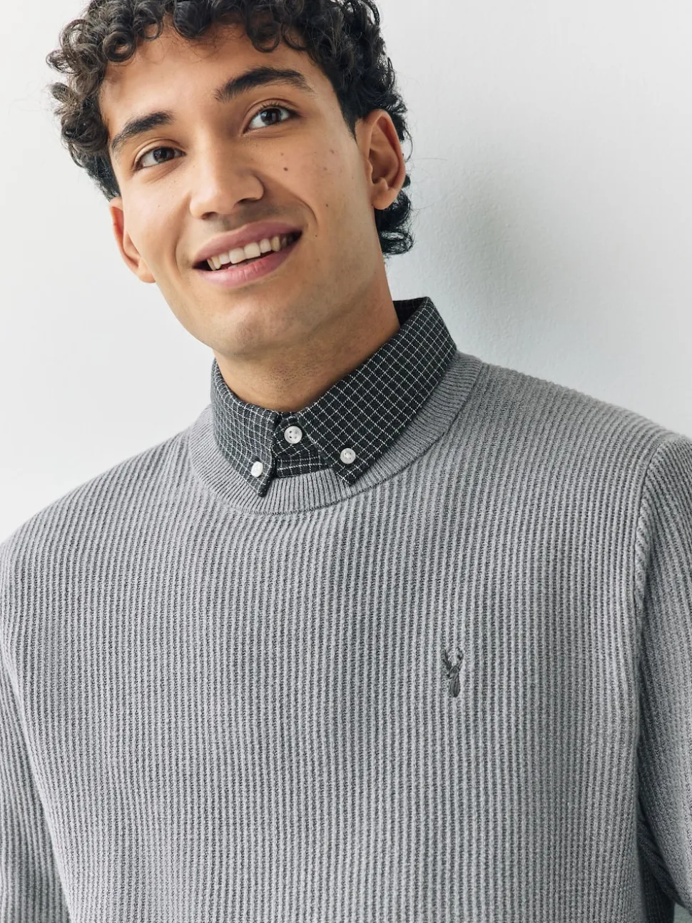Grey Regular Fit Rib Texture Mock Shirt Jumper