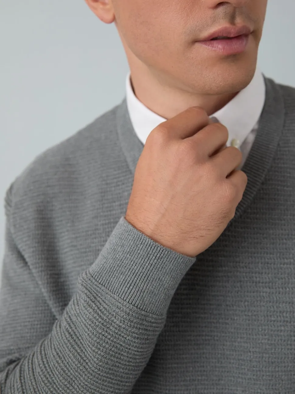 Grey Regular Fit Textured Oxford Mock Shirt Jumper
