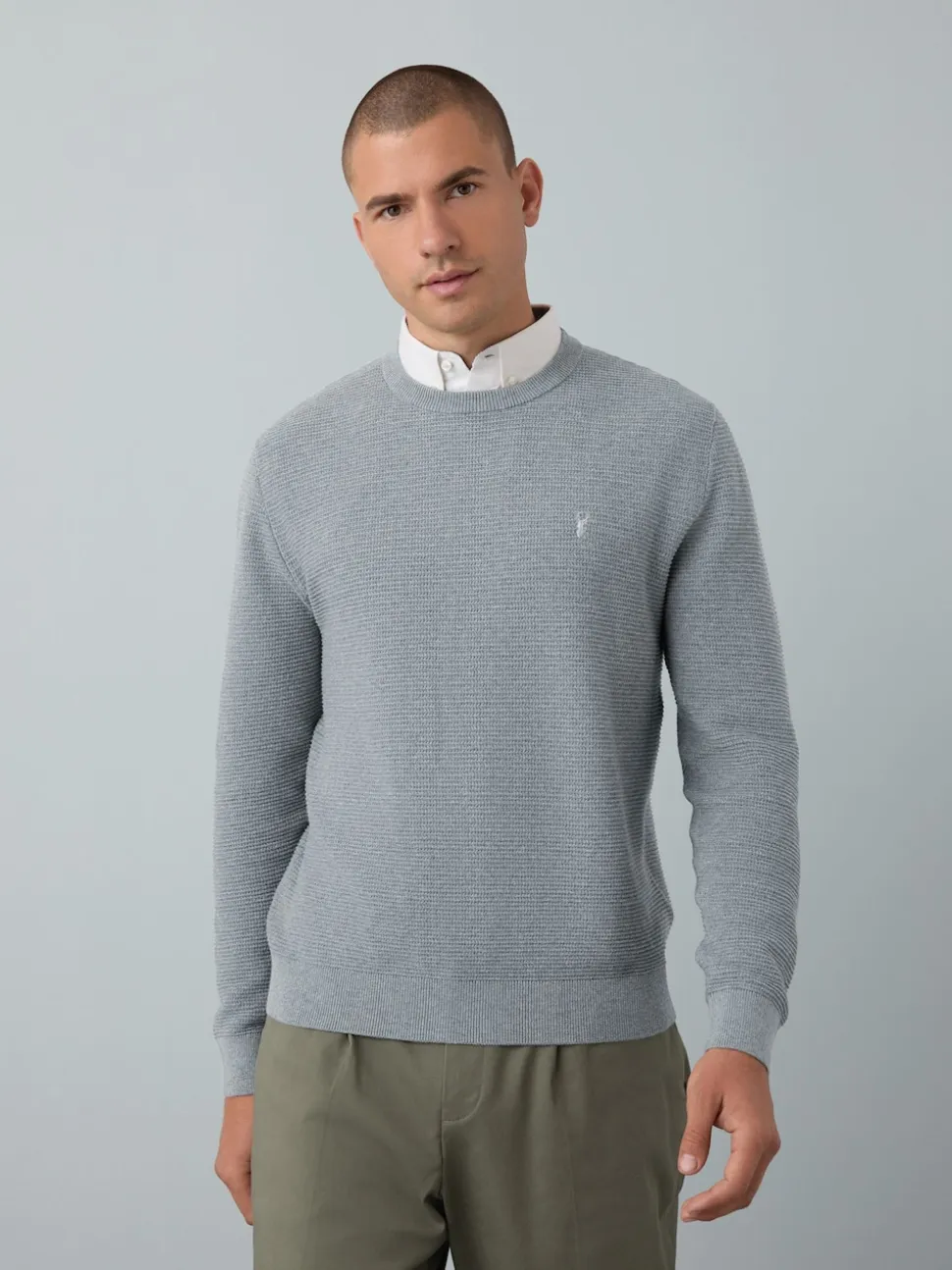Grey Regular Fit Textured Oxford Mock Shirt Jumper