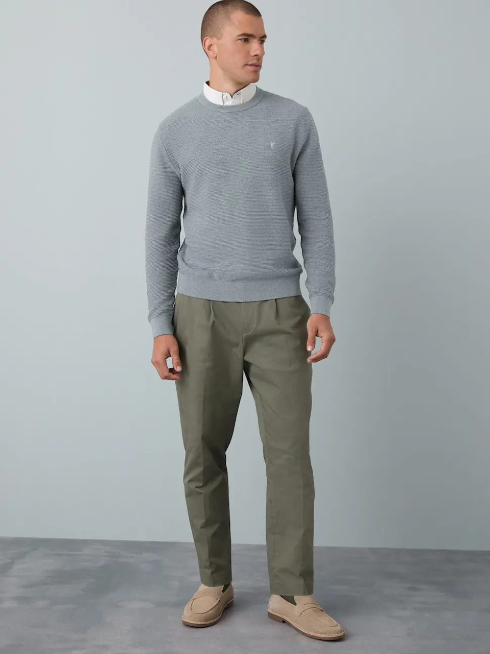 Grey Regular Fit Textured Oxford Mock Shirt Jumper