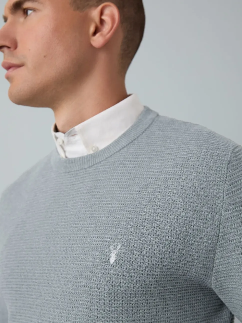 Grey Regular Fit Textured Oxford Mock Shirt Jumper