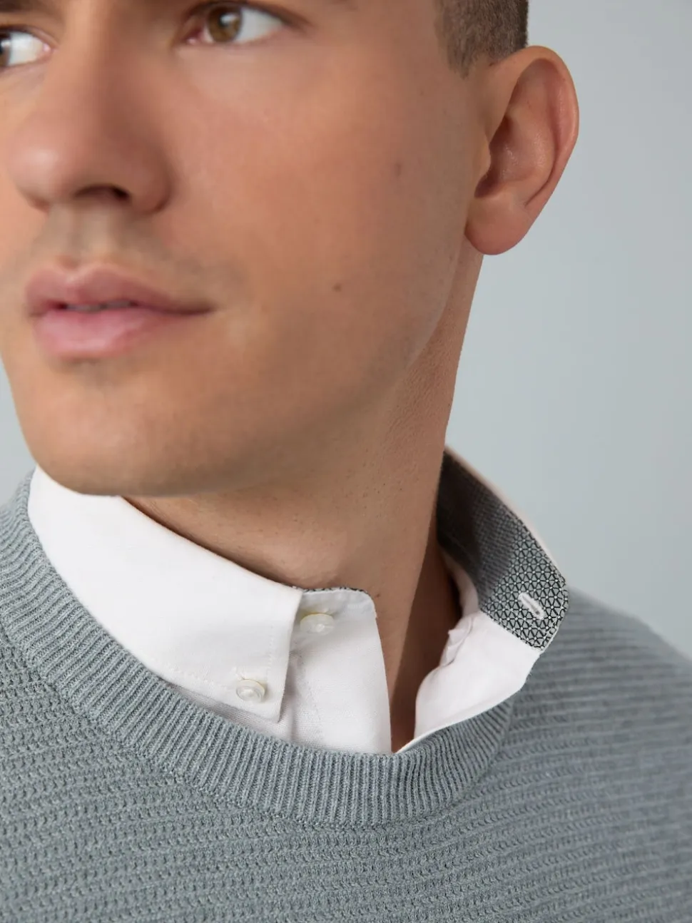 Grey Regular Fit Textured Oxford Mock Shirt Jumper