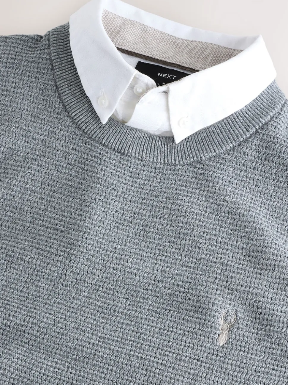 Grey Regular Fit Textured Oxford Mock Shirt Jumper