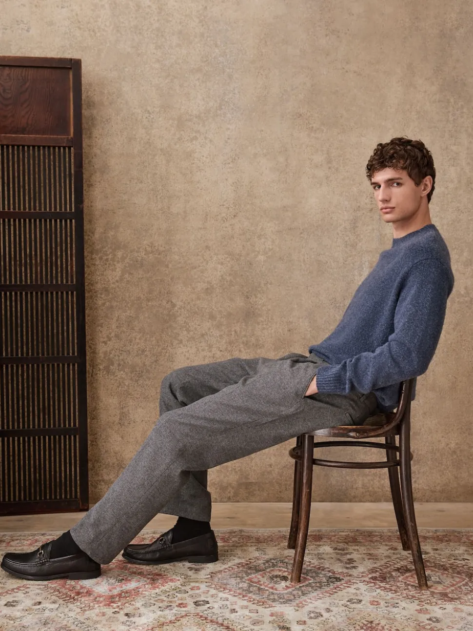Grey Regular Tapered Fit Smart Textured Trousers With Wool