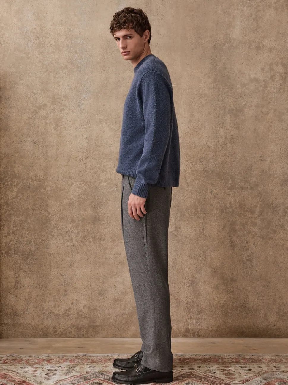 Grey Regular Tapered Fit Smart Textured Trousers With Wool