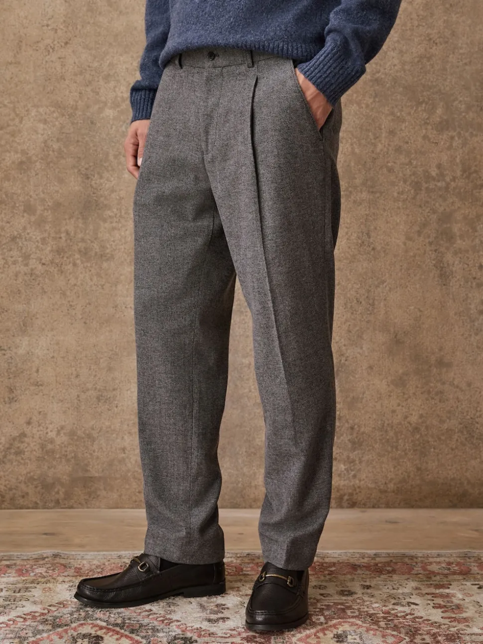 Grey Regular Tapered Fit Smart Textured Trousers With Wool