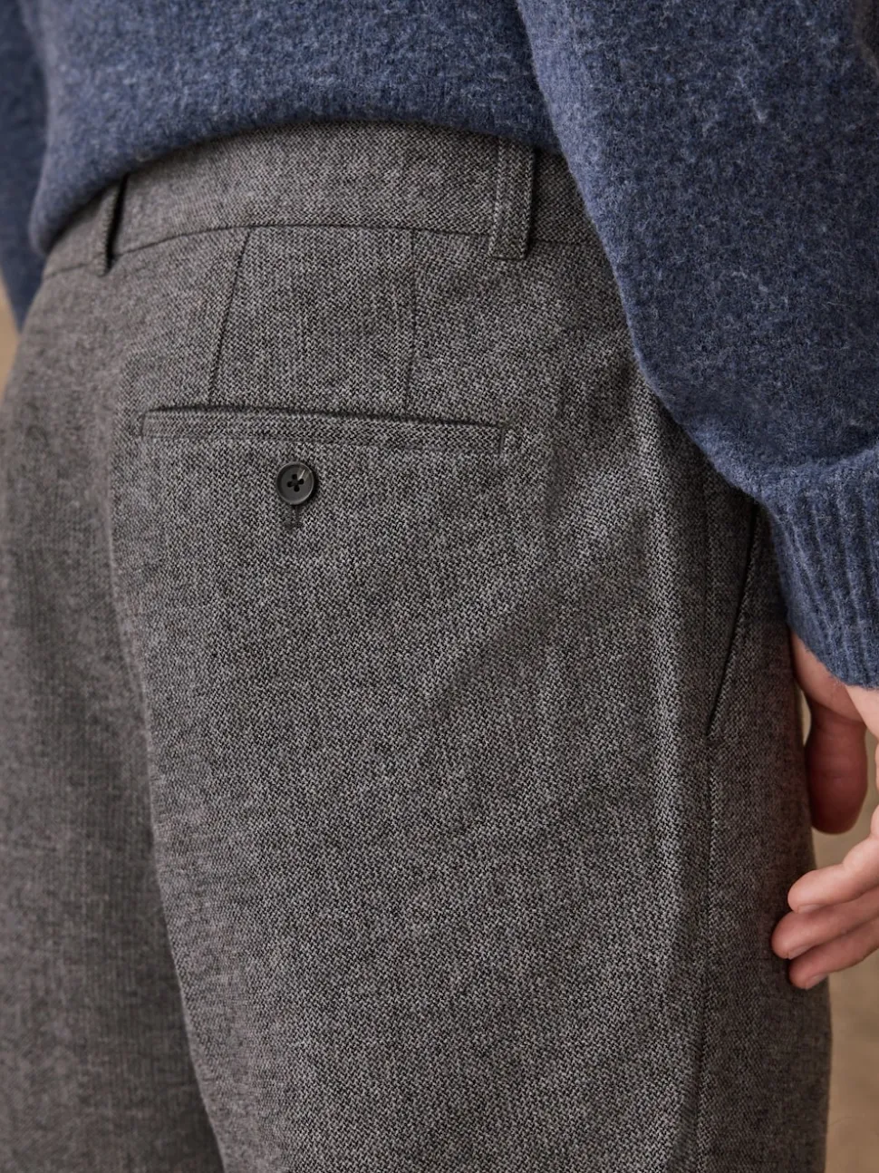 Grey Regular Tapered Fit Smart Textured Trousers With Wool