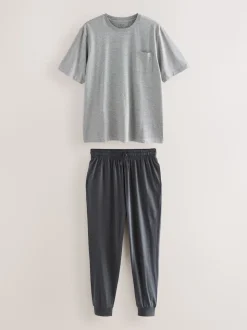 Grey Short Sleeve Cuffed Jersey Pyjamas Set