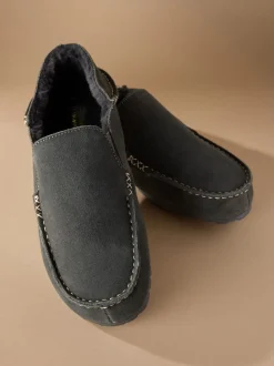 Grey Signature Kickdown Suede Moccasin Slippers