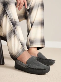 Grey Signature Suede Fabric Trim Moccasin Slippers