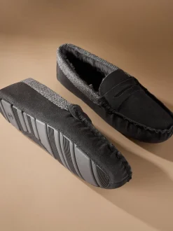 Grey Signature Suede Fabric Trim Moccasin Slippers