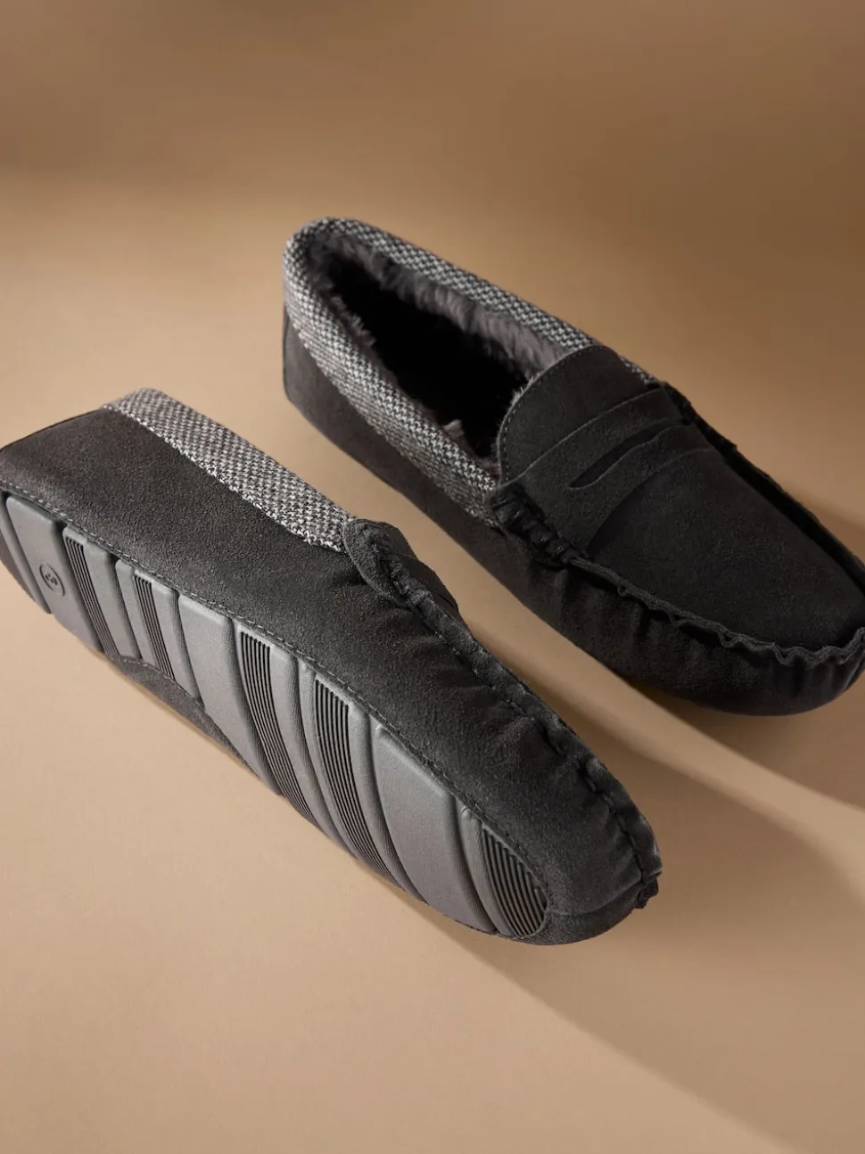 Grey Signature Suede Fabric Trim Moccasin Slippers