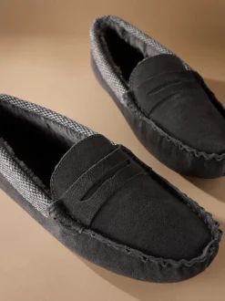 Grey Signature Suede Fabric Trim Moccasin Slippers