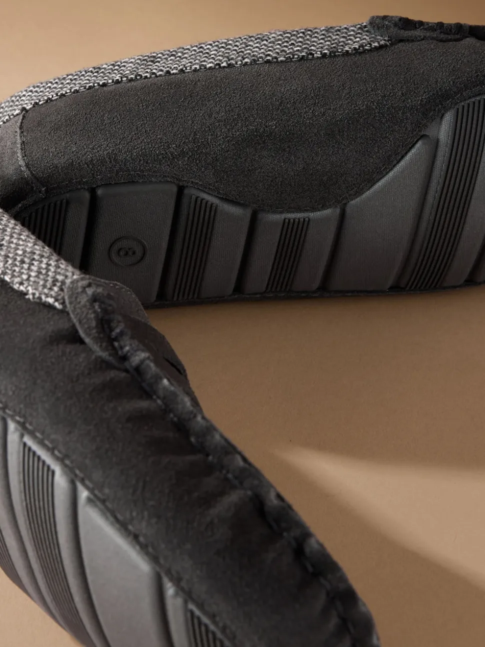Grey Signature Suede Fabric Trim Moccasin Slippers