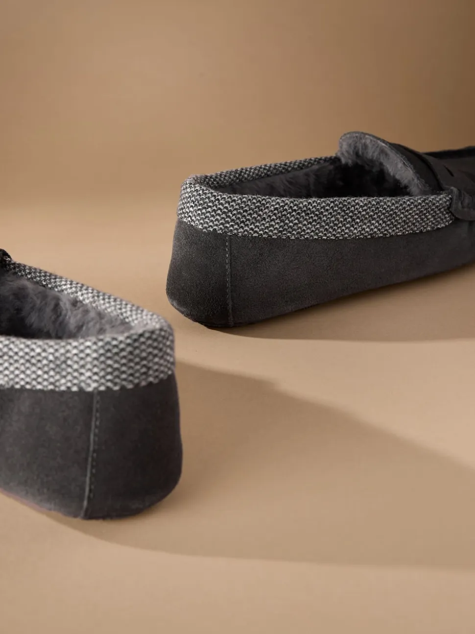 Grey Signature Suede Fabric Trim Moccasin Slippers