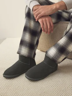 Grey Signature Suede Slipper Boots with Faux Fur Lining