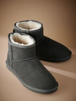 Grey Signature Suede Slipper Boots with Faux Fur Lining