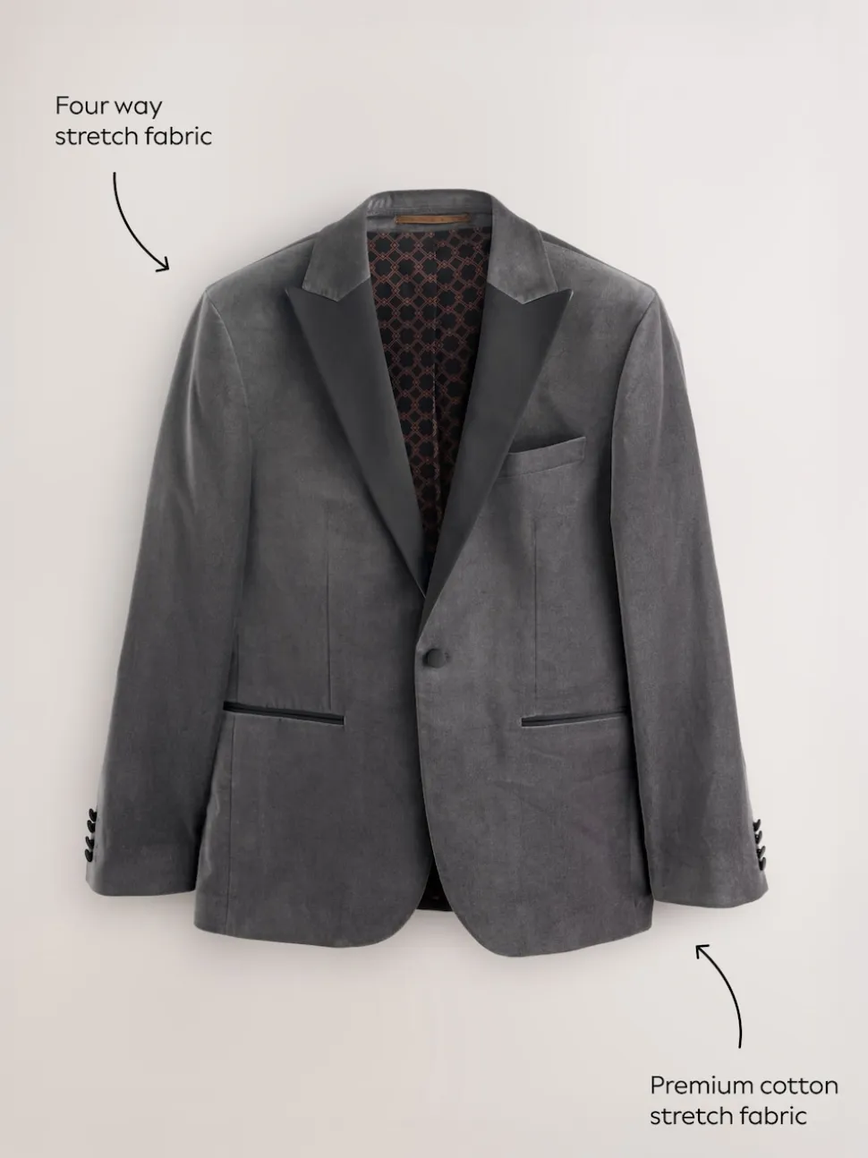 Grey Slim Fit Motionflex Stretch Velvet Blazer